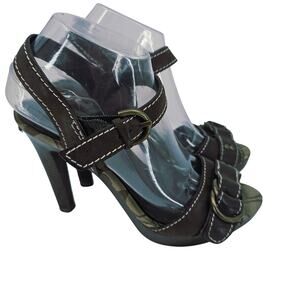 Coach Sheena Brown Leather & Wood Open Toe Heeled Platform Sandal Women's 8 B